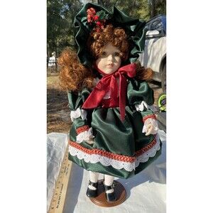 Vintage Dynasty Doll Collection Porcelain Girl Doll Brown Curls Green Dress
